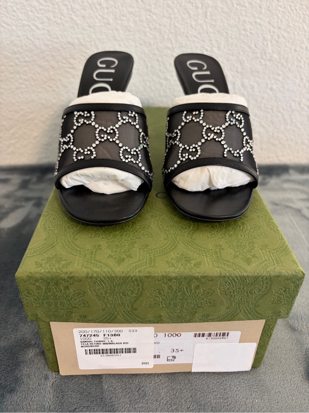 NEW GUCCI Women's "GG" Black Monogrammed Rhinestone Mid-Heels Sz 35.5 (US 5.5)